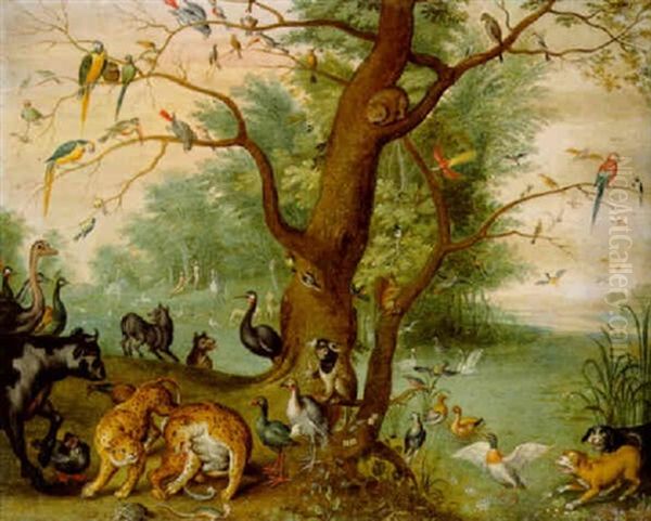 Animals And Birds In The Garden Of Eden, The Temptation Beyond Oil Painting by Ferdinand van Kessel