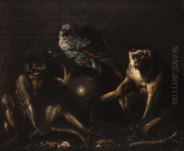 Deux Singes Attaches Et Un Perroquet Oil Painting by Ferdinand van Kessel