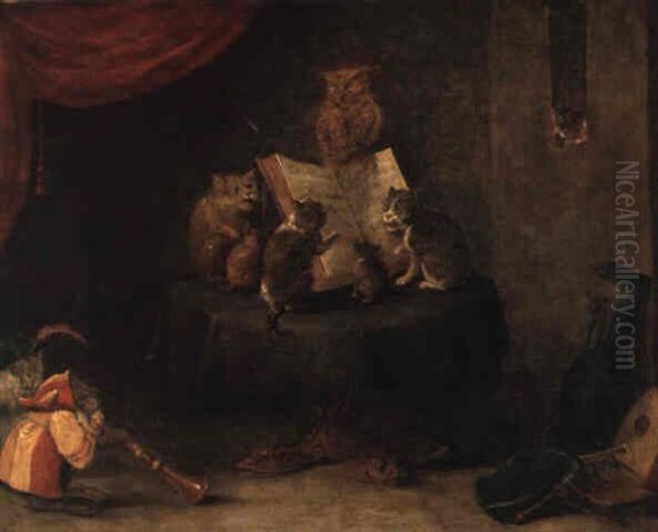 Cats, Monkeys And An Owl Making Music In An Interior Oil Painting by Ferdinand van Kessel