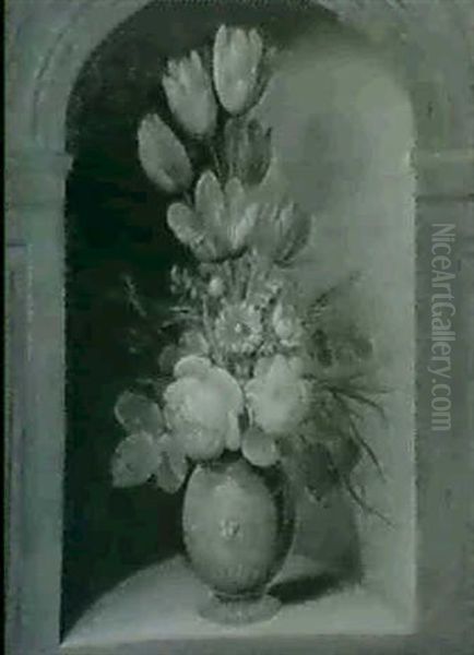 Deux Pendants:                                              Bouquets De Fleurs En Grisaille Sur Fond De Niche Oil Painting by Ferdinand van Kessel