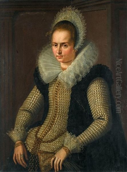 Portrait Of A Lady, Half Length, Wearing A Black And Gold Dress With A Broad White Lace Collar Oil Painting by Hieronymus Van Kessel