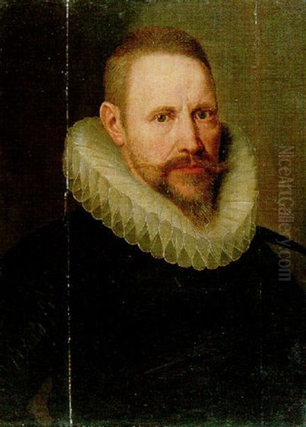 Portrait Of A Gentleman Aged 52 In A Black Jerkin With Slashed Sleeves And A Ruff Oil Painting by Hieronymus Van Kessel