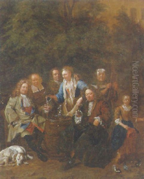 Elegant Figures Carousing In An Ornamental Garden Oil Painting by Jean-Thomas (Nicolas V) Kessel