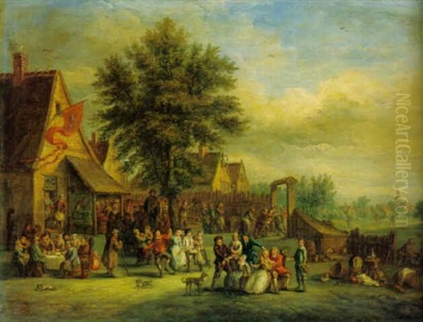 Village Scene With Peasants Merrymaking Outside A Tavern Oil Painting by Jean-Thomas (Nicolas V) Kessel