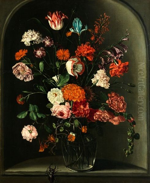 Blumenstillleben In Einer Nische Mit Hirschhornkafer Oil Painting by Peter Van Kessel