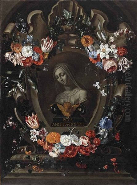 A Garland Of Flowers Surrounding A Stone Cartouche Enclosing A Bust Of The Virgin Oil Painting by Peter Van Kessel