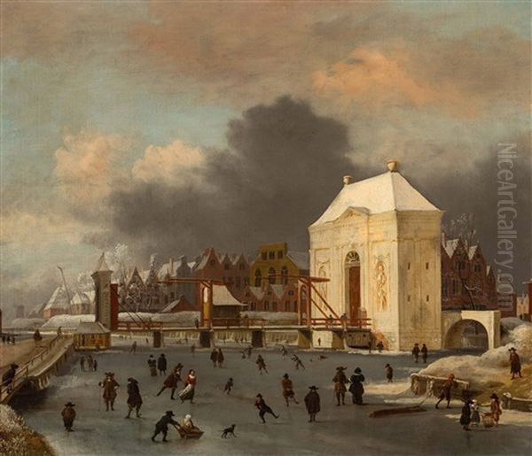 View Of The Frozen Singel And The Heiligewegspoort In Amsterdam Oil Painting by Jan van Kessel