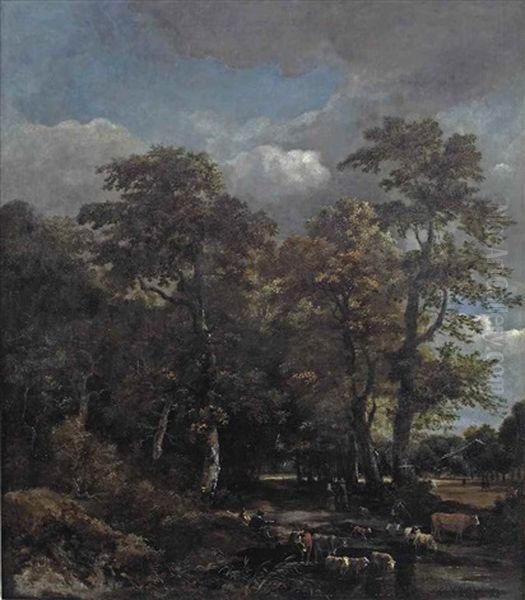 A Wooded Landscape With Cattle Crossing A Stream Oil Painting by Jan van Kessel