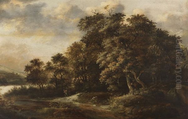 Waldlandschaft Mit Wandersmann, Im Hintergrund Ein Dorf Mit Windmuhle Oil Painting by Jan van Kessel