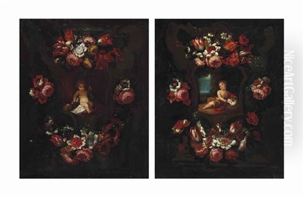 The Christ Child Surrounded By A Sculpted Cartouche Decorated With Flowers; And The Infant John The Baptist Surrounded By A Floral Cartouche (pair) Oil Painting by Jan van Kessel