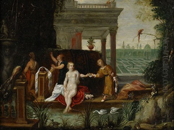 Palatsexterior Med Betsabee I Badet by Jan van Kessel