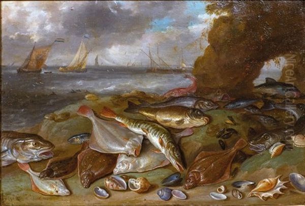 Poissons Sur Le Rivage Et Arriere Plan Marin Oil Painting by Jan van Kessel