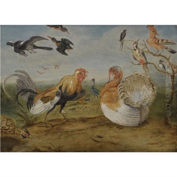 A Landscape With A Cockerel And A Turkey Squabbling, And Other Fowl Oil Painting by Jan van Kessel