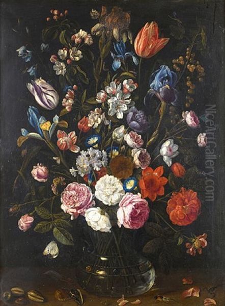 A Still Life Of Tulips, Irises, Apple Blossom, Roses, Convolvulus, Gooseberries And Other Flowers In A Glass Vase Oil Painting by Jan van Kessel