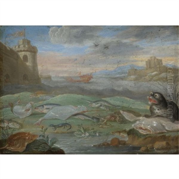 A Coastal Landscape With A Still Life With A Seal And A Lizard Together With A Squid And Various Other Fish, An Ottoman Fort And A Levantine Galley Beyond Oil Painting by Jan van Kessel