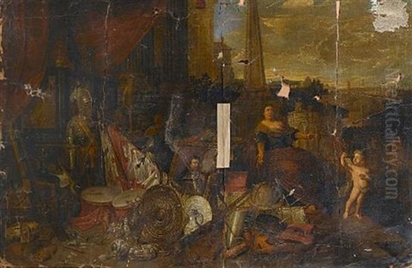 A Palace Interior With Flags, Shields, Drums And Other Militaria Oil Painting by Jan van Kessel