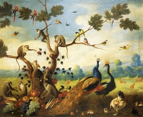 Paons Et Singes Dans Un Paysage Oil Painting by Jan van Kessel