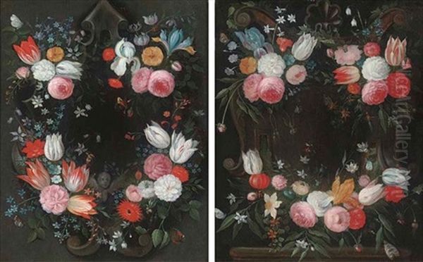 A Garland Of Parrot Tulips, Narcissi, Iris, Roses And Other Flowers Surrounding A Sculpted Stone Cartouche (+ Another, Similar; Pair) Oil Painting by Jan van Kessel