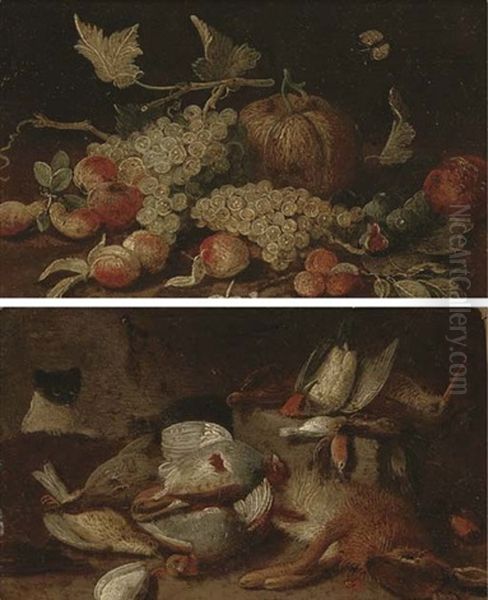 Grapes, Peaches, Figs, Apricots And A Pumpkin On A Wooden Ledge, With A Cabbage White Butterfly (+ Dead Game In A Barn With A Cat; Pair) Oil Painting by Jan van Kessel