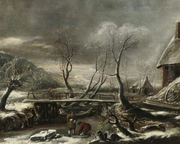 Winterliche Fluslandschaft Bei Sonnenuntergang. Vor Einer Holzbrucke Eisschollen Brechende Bauersleute Oil Painting by Jan van Kessel