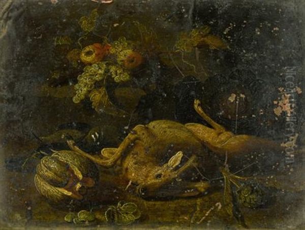 Still Life With A Deer, A Hound, An Artichoke, A Melon, Grapes And Other Fruit Together In A Landscape Oil Painting by Jan van Kessel