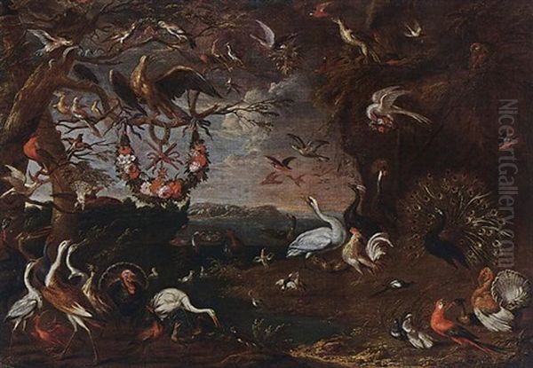 An Allegory Of The Order Of The Knights Of Malta With An Eagle, Herons, Turkeys, A Cockatoo, A Spoonbill, A Jay, Pheasants, Hoopoes, Pigeons, Ducks, A Lapwing, Owls, And Other Birds All In A Landscape Oil Painting by Jan van Kessel