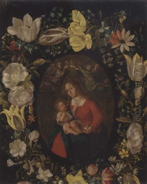 The Virgin And Child Set In A Feigned Cartouche Of Tulips, Roses And Other Flowers Oil Painting by Jan van Kessel