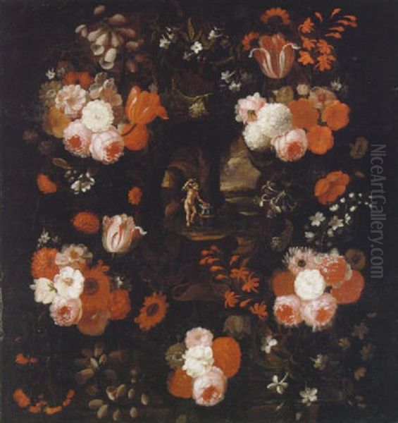 Cupid Forging Shackles In A Feigned Cartouche, Surrounded By A Garland Of Flowers Oil Painting by Jan van Kessel