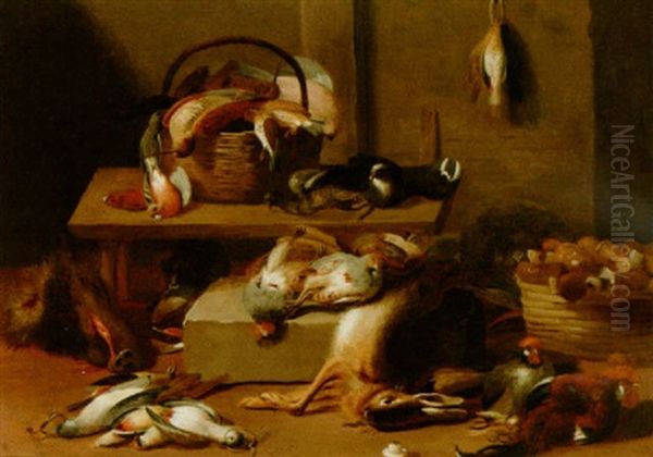 A Kitchen Stil Life With Poultry, Birds, A Hare, A Boar's Head And Mushrooms In A Basket Oil Painting by Jan van Kessel