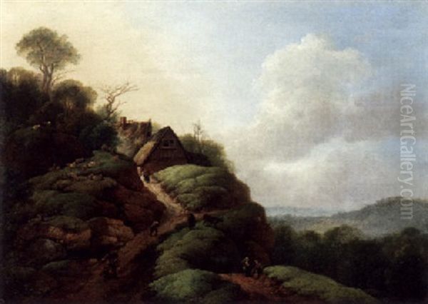 Weite Landschaft Mit Figuren, Schafen Und Gehoft Auf Einer Anhohe Oil Painting by Jan van Kessel