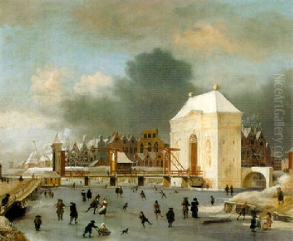 Amsterdam : A View Of The Heilegewegspoort In Winter Oil Painting by Jan van Kessel