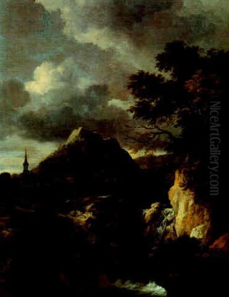 Landscape With A Waterfall And A Church Beneath A Rocky Outcrop Beyond Oil Painting by Jan van Kessel