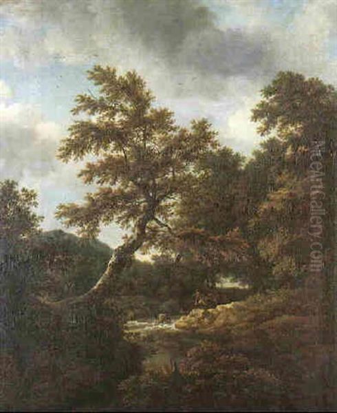 A Woodland With Huntsmen On Horseback Crossing A Stream In Pursuit Of A Stag by Jan van Kessel