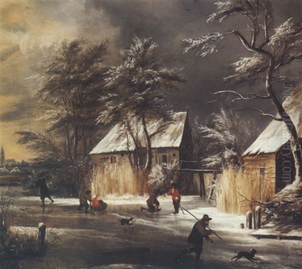 Winter Landscape With Figures Skating By Farmhouses by Jan van Kessel