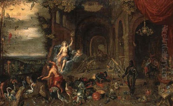 The Elements Of Air And Fire: Vulcan At His Forge With Aeolus And Putto Oil Painting by Jan van Kessel