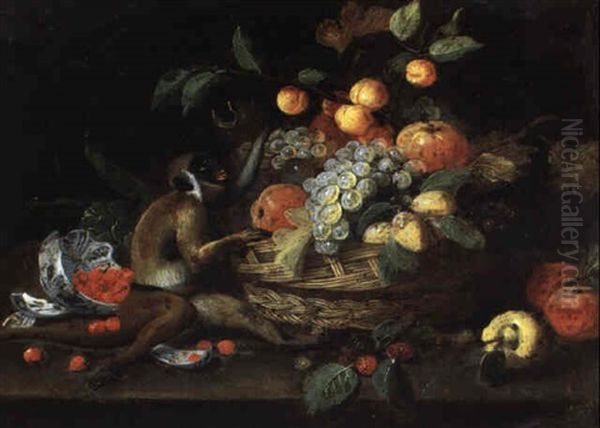 Still Life With A Bowl Of Fraises Des Bois And A Monkey With A Fruit Bowl Oil Painting by Jan van Kessel