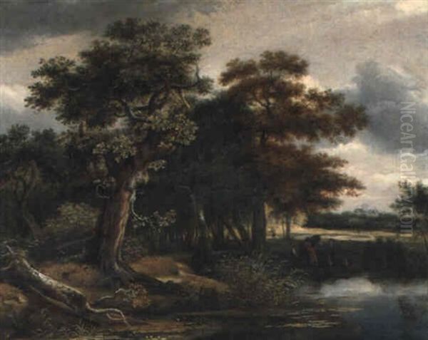 Eichenbestandene Landschaft Mit Einem Weiher Und Angler Oil Painting by Jan van Kessel