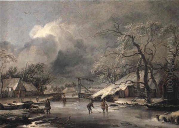 Village In Winter With Peasants And A Kolf Player Oil Painting by Jan van Kessel