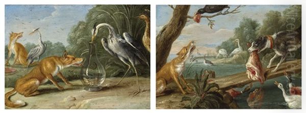 The Fox And The Crane; The Fox And The Crow And The Dog With The Ham (2 Works) Oil Painting by Jan van Kessel