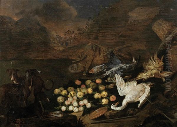 Three Hounds Beside A Group Of Dead Birds With Peaches, Apples, Pears, And An Earthenware Dish In A Landscape Oil Painting by Jan van Kessel