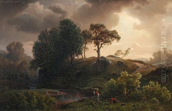 Sunlight Breaking Through Heavy Clouds Over A Landscape Oil Painting by August Friedrich Kessler