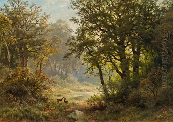 Waldlichtung Mit Rehen Oil Painting by August Friedrich Kessler