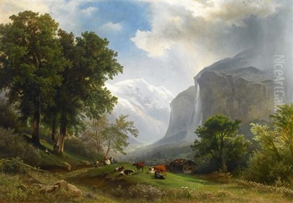 Der Staubach Im Lautherbrunnental Im Berner Oberland Oil Painting by August Friedrich Kessler