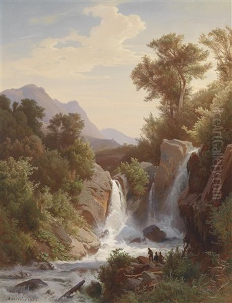 Angler Am Wasserfall Oil Painting by August Friedrich Kessler