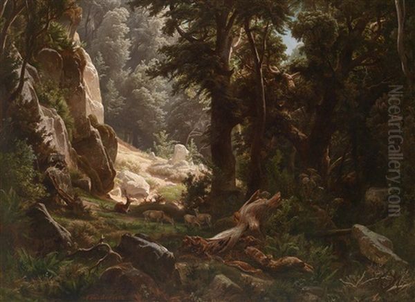 Rotwild Im Waldinneren Oil Painting by August Friedrich Kessler