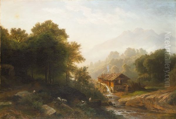 Gebirgslandschaft Mit Wassermuhle by August Friedrich Kessler