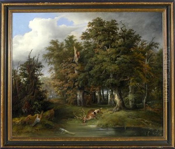 Jager Und Hund Beim Erlegten Hirsch Auf Einer Waldlichtung Mit Wasserstelle Oil Painting by August Friedrich Kessler