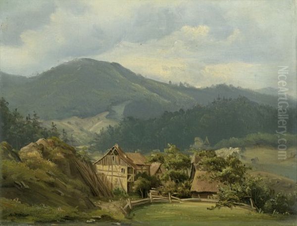 Kleines Gehoft In Mittelgebirgslandschaft Oil Painting by August Friedrich Kessler