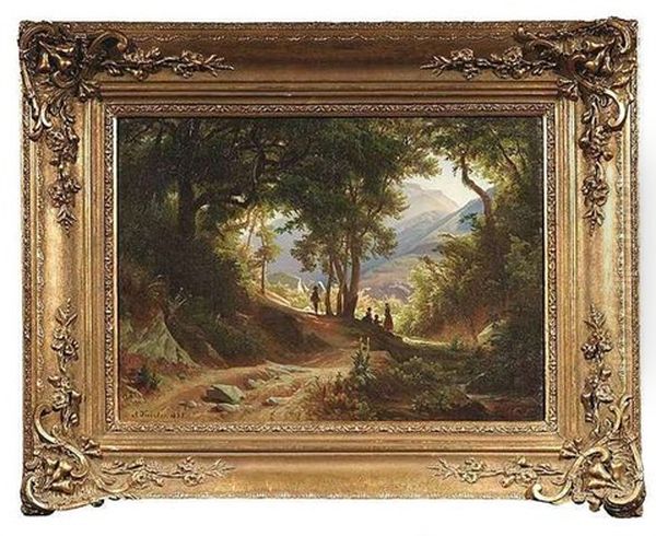 Ausblick Aus Einem Schattigen Wald Auf Eine Sonnenbescheinene Berglandschaft Oil Painting by August Friedrich Kessler