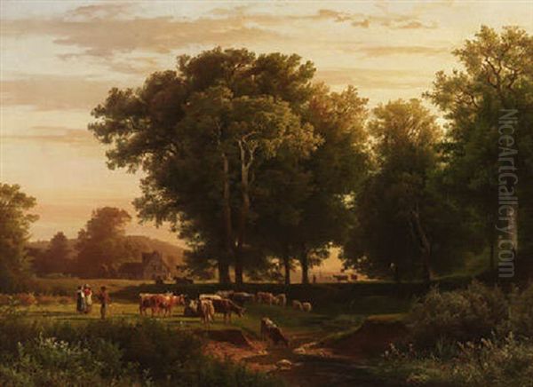 Abendfrieden -  Hirten Mit Kuhen An Einem Bach In Baumbestandener Landschaft Oil Painting by August Friedrich Kessler